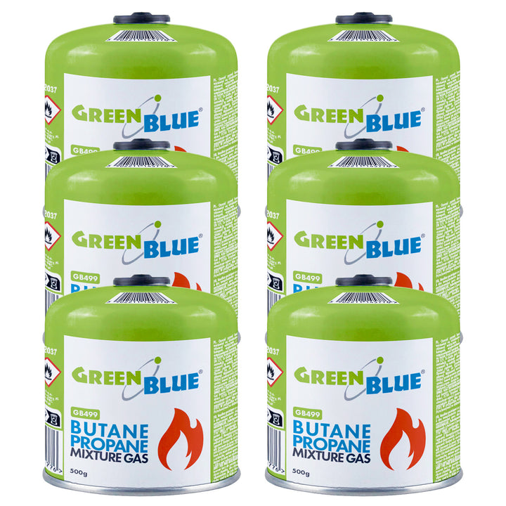 6 cartouches de gaz GreenBlue de 500 g. Certification : Pi 0437, conforme à la norme EN 417, butane-propane, plage de température de -10 °C à +40 °C, robinet fileté 7/16'' GB499