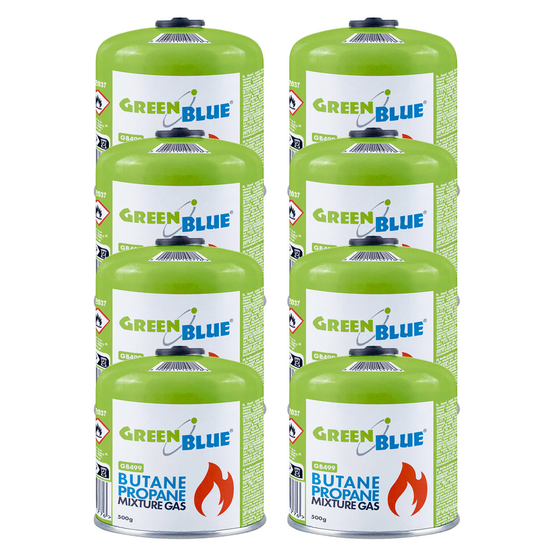 8 cartouches de gaz GreenBlue de 500 g. Certificat : Pi 0437, conforme à la norme EN 417, butane-propane, plage de température de -10 °C à +40 °C, robinet fileté 7/16'' GB499