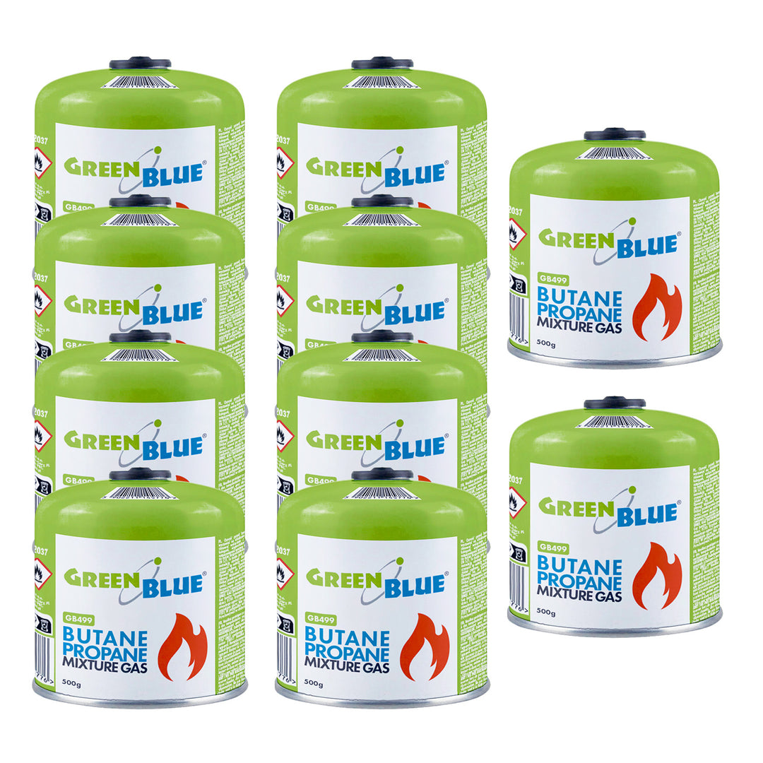 10 cartouches de gaz GreenBlue de 500 g. Certification : Pi 0437, conforme à la norme EN 417, butane-propane, plage de température de -10 °C à +40 °C, raccord fileté 7/16'' GB499