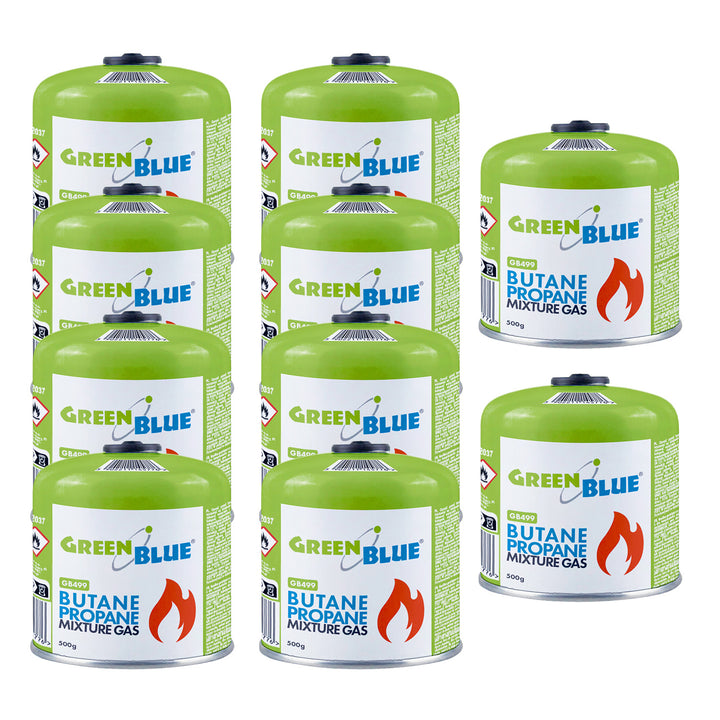 10 cartouches de gaz GreenBlue de 500 g. Certification : Pi 0437, conforme à la norme EN 417, butane-propane, plage de température de -10 °C à +40 °C, raccord fileté 7/16'' GB499