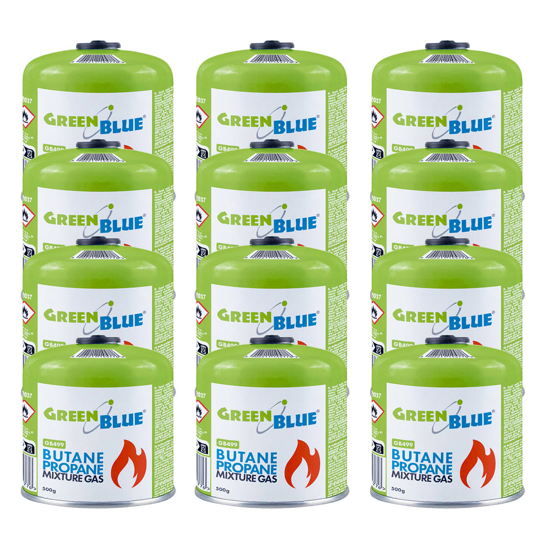 12 cartouches de gaz GreenBlue de 500 g. Certification : Pi 0437, conforme à la norme EN 417, butane-propane, plage de température de -10 °C à +40 °C, valve filetée 7/16'' GB499