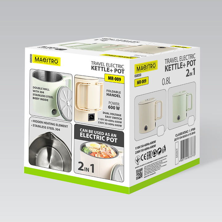 Bouilloire électrique / casserole de voyage Maestro, 2 en 1, capacité 0,8 L, puissance 600 W, poignée rabattable, commutateur de tension 110 V/230 V, couleur menthe, MR-009-MINT