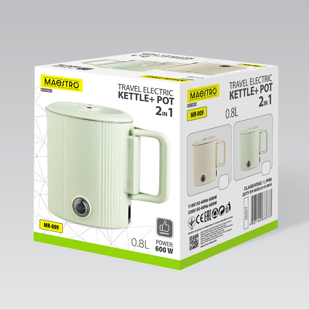 Bouilloire électrique / casserole de voyage Maestro, 2 en 1, capacité 0,8 L, puissance 600 W, poignée rabattable, commutateur de tension 110 V/230 V, couleur beige, MR-009-BEIGE