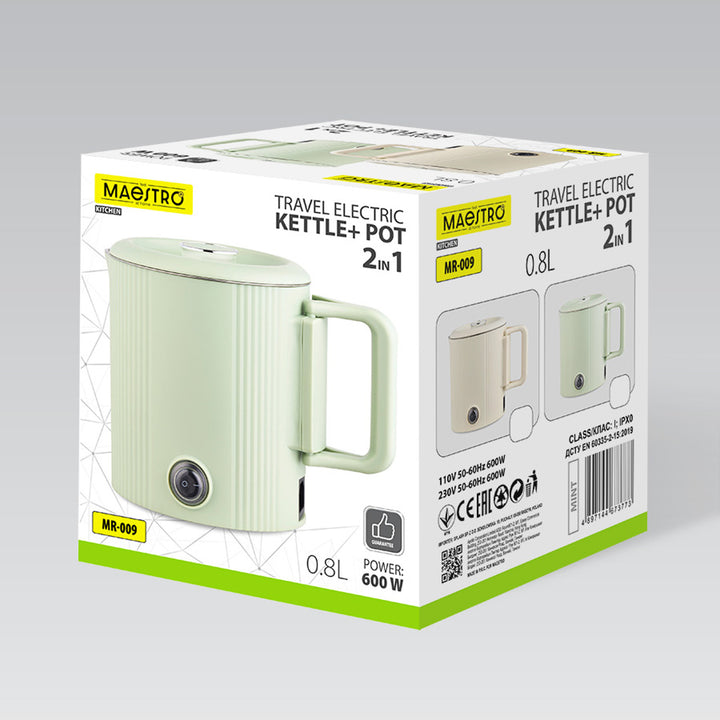 Bouilloire électrique / casserole de voyage Maestro, 2 en 1, capacité 0,8 L, puissance 600 W, poignée rabattable, commutateur de tension 110 V/230 V, couleur beige, MR-009-BEIGE