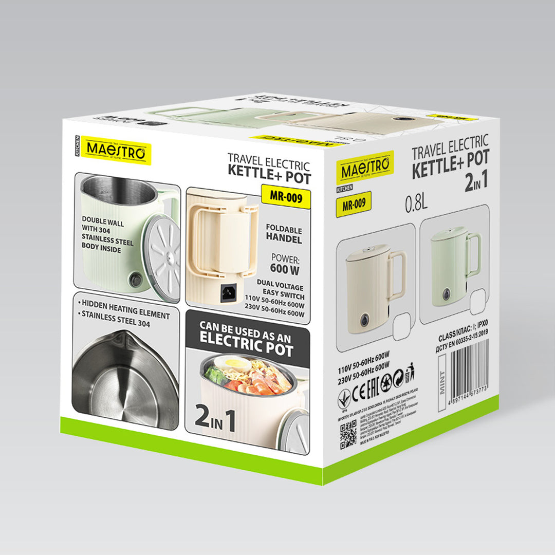 Bouilloire électrique / casserole de voyage Maestro, 2 en 1, capacité 0,8 L, puissance 600 W, poignée rabattable, commutateur de tension 110 V/230 V, couleur beige, MR-009-BEIGE