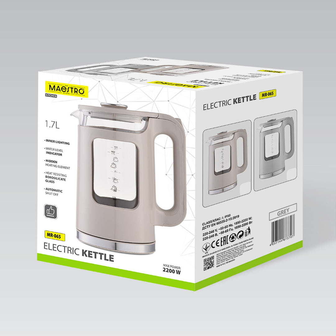 Bouilloire électrique en verre Maestro, capacité 1,7 L, puissance 2200 W, indicateur de niveau d'eau, éclairage LED, socle pivotant, couleur grise, MR-065-GREY