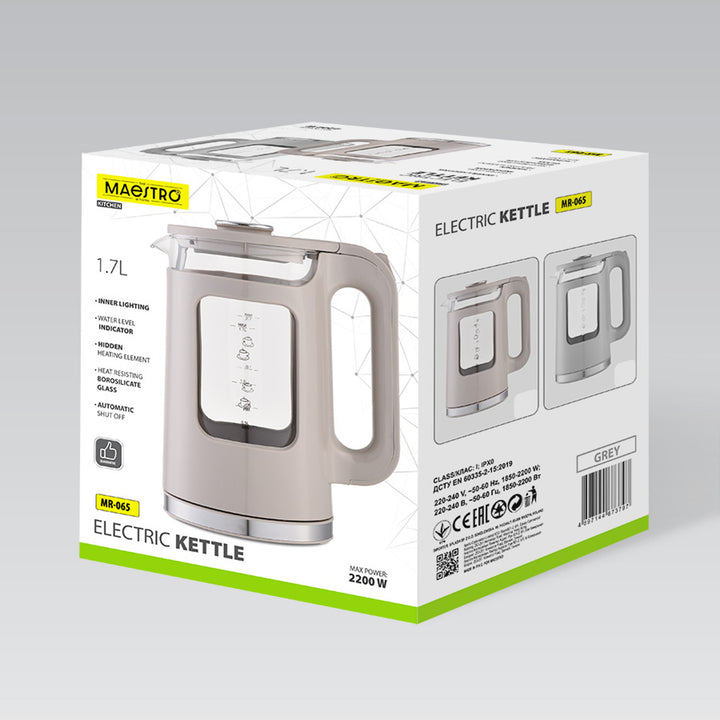 Bouilloire électrique en verre Maestro, capacité 1,7 L, puissance 2200 W, indicateur de niveau d'eau, éclairage LED, socle pivotant, couleur grise, MR-065-GREY