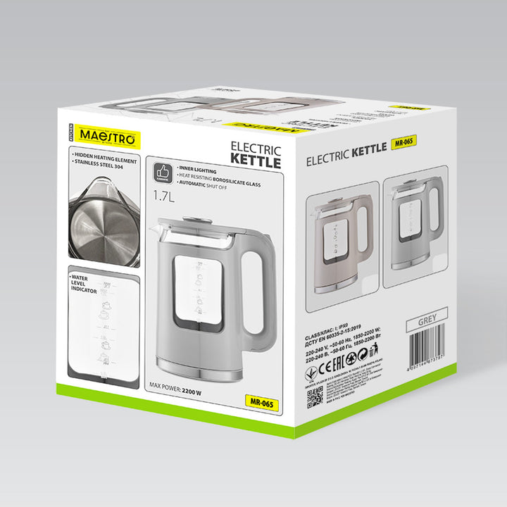 Bouilloire électrique en verre Maestro, capacité 1,7 L, puissance 2200 W, indicateur de niveau d'eau, éclairage LED, socle pivotant, couleur grise, MR-065-GREY