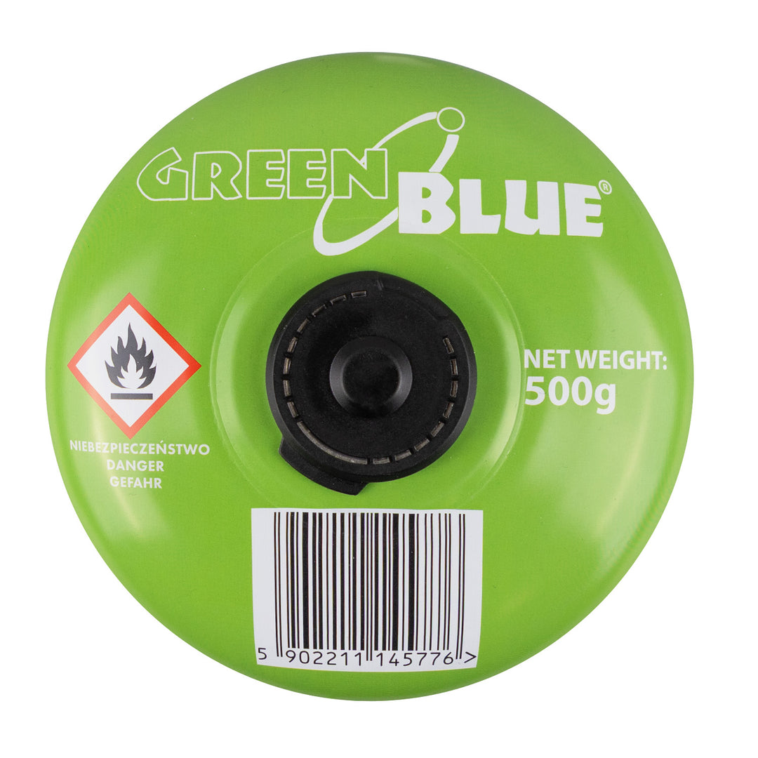 24 cartouches de gaz de 500 g GreenBlue. Certification : Pi 0437, conforme à la norme EN 417, butane-propane, plage de température de -10 °C à +40 °C, robinet fileté 7/16'' GB499