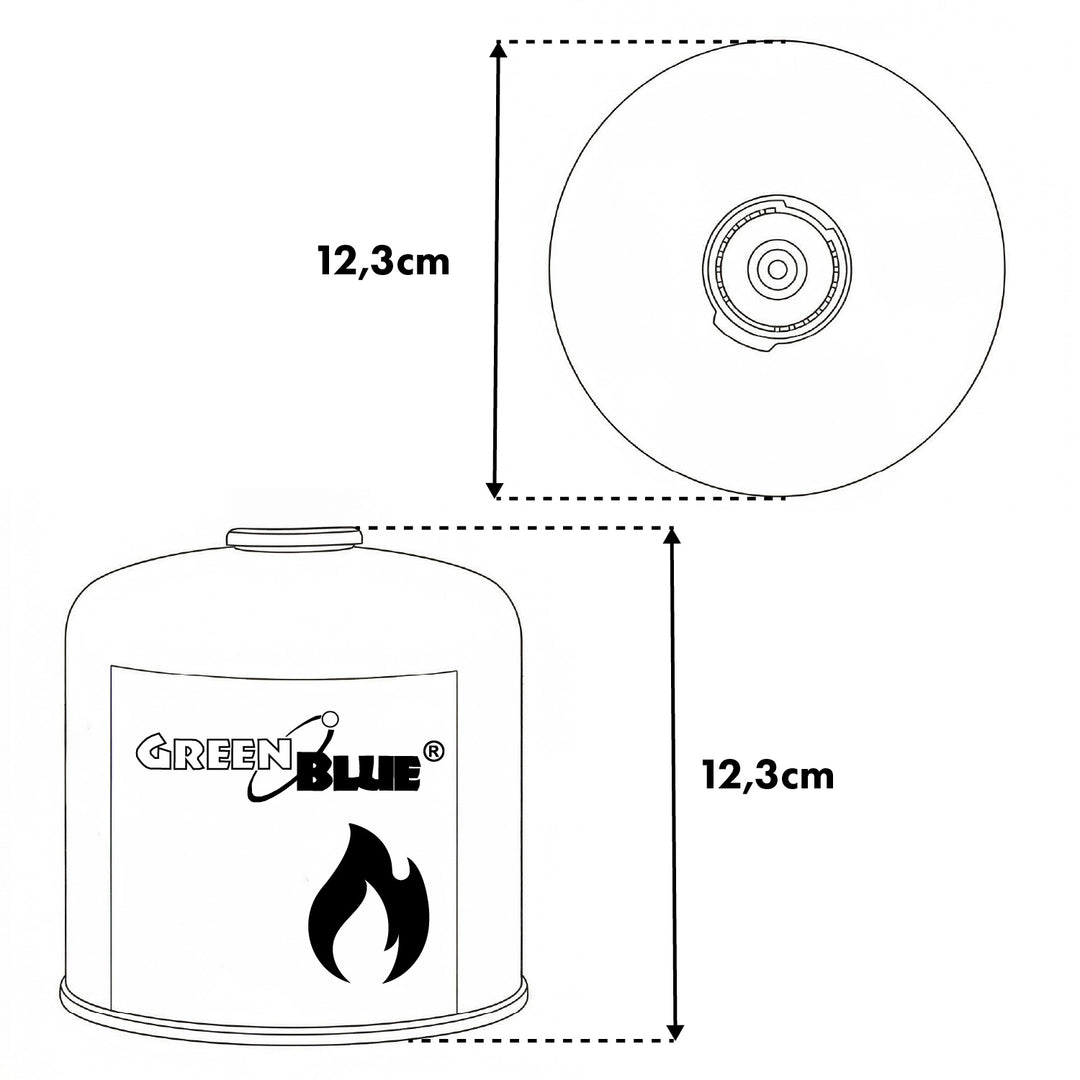 24 cartouches de gaz de 500 g GreenBlue. Certification : Pi 0437, conforme à la norme EN 417, butane-propane, plage de température de -10 °C à +40 °C, robinet fileté 7/16'' GB499