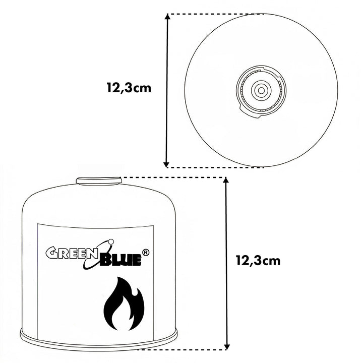 24 cartouches de gaz de 500 g GreenBlue. Certification : Pi 0437, conforme à la norme EN 417, butane-propane, plage de température de -10 °C à +40 °C, robinet fileté 7/16'' GB499