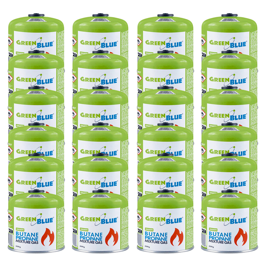 24 cartouches de gaz de 500 g GreenBlue. Certification : Pi 0437, conforme à la norme EN 417, butane-propane, plage de température de -10 °C à +40 °C, robinet fileté 7/16'' GB499