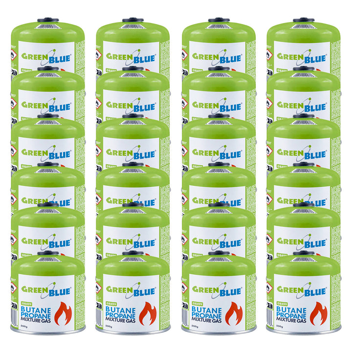 24 cartouches de gaz de 500 g GreenBlue. Certification : Pi 0437, conforme à la norme EN 417, butane-propane, plage de température de -10 °C à +40 °C, robinet fileté 7/16'' GB499