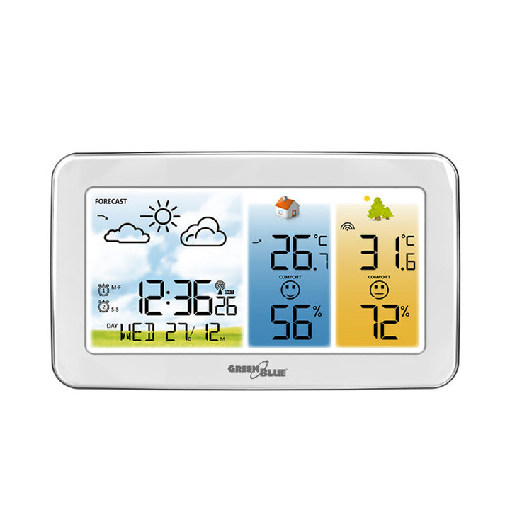 Station météo sans fil GreenBlue, température et humidité (intérieur/extérieur), horloge/réveil/date, °C / °F, portée jusqu'à 60 m, GB442 W