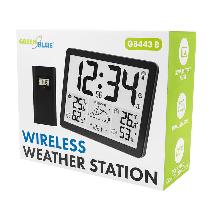 Station météo sans fil GreenBlue, température et humidité (intérieure/extérieure), horloge/alarme/date, °C / °F, portée jusqu'à 60 m, GB443 B