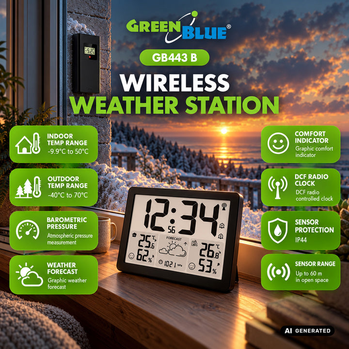 Station météo sans fil GreenBlue, température et humidité (intérieure/extérieure), horloge/alarme/date, °C / °F, portée jusqu'à 60 m, GB443 B