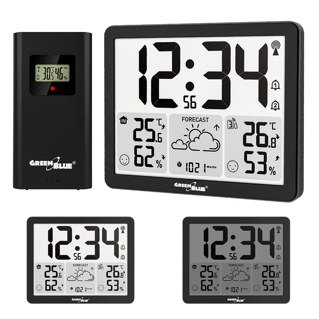 Station météo sans fil GreenBlue, température et humidité (intérieure/extérieure), horloge/alarme/date, °C / °F, portée jusqu'à 60 m, GB443 B