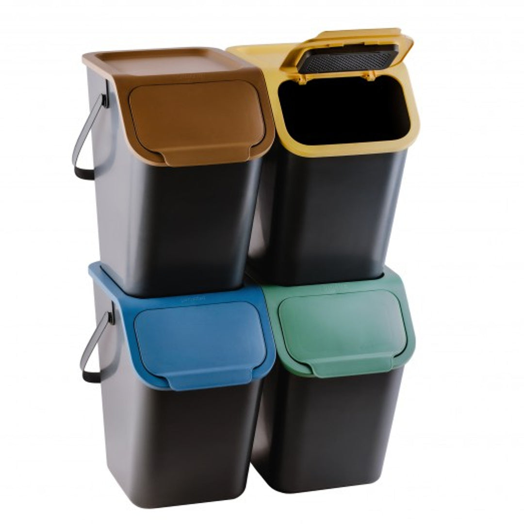 Lot de 4 bacs de tri sélectif BINI noirs avec couvercles colorés (jaune/vert/bleu/marron) + 5 filtres à charbon