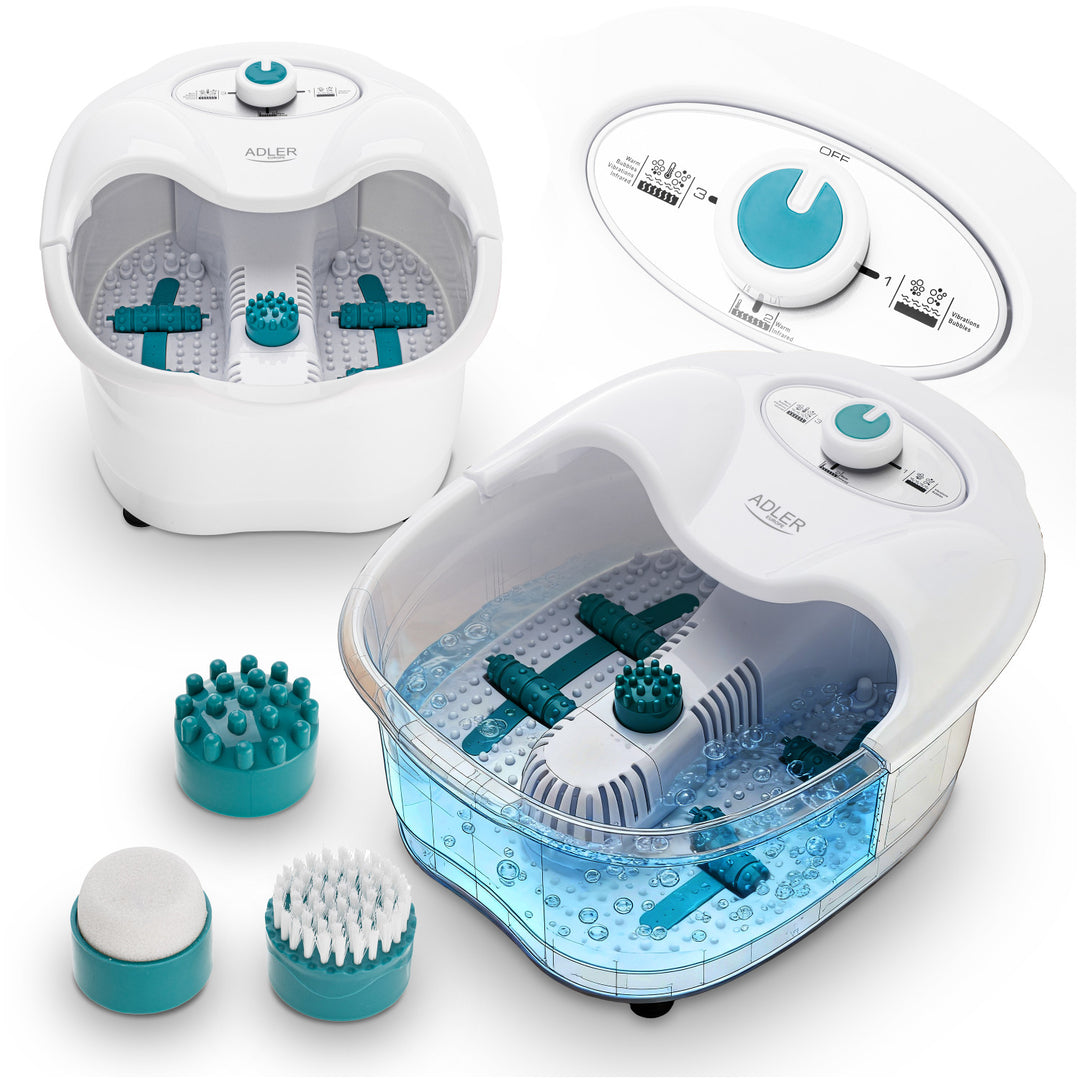 Appareil de massage des pieds Adler, massage à bulles, par vibrations et chauffant, infrarouge, 4 rouleaux + 3 embouts, AD 2167 White