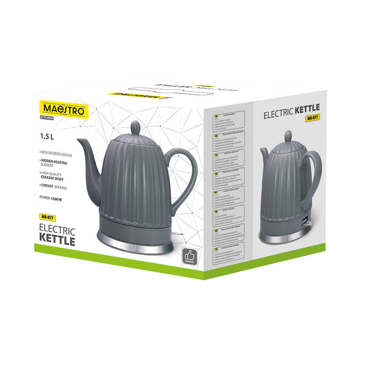 Bouilloire électrique en céramique Maestro, couleur grise, puissance 1 500 W, capacité 1,5 l, socle pivotant, indicateur de niveau d'eau, cordon d'alimentation de 65 cm, MR-077