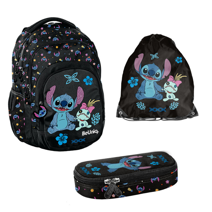 Ensemble scolaire Stitch Paso, sac à dos à trois compartiments, avec un compartiment pour ordinateur portable et un fond renforcé, trousse à crayons avec élastiques pour les fournitures, sac à chaussures pouvant être porté sur le dos, DS26MM