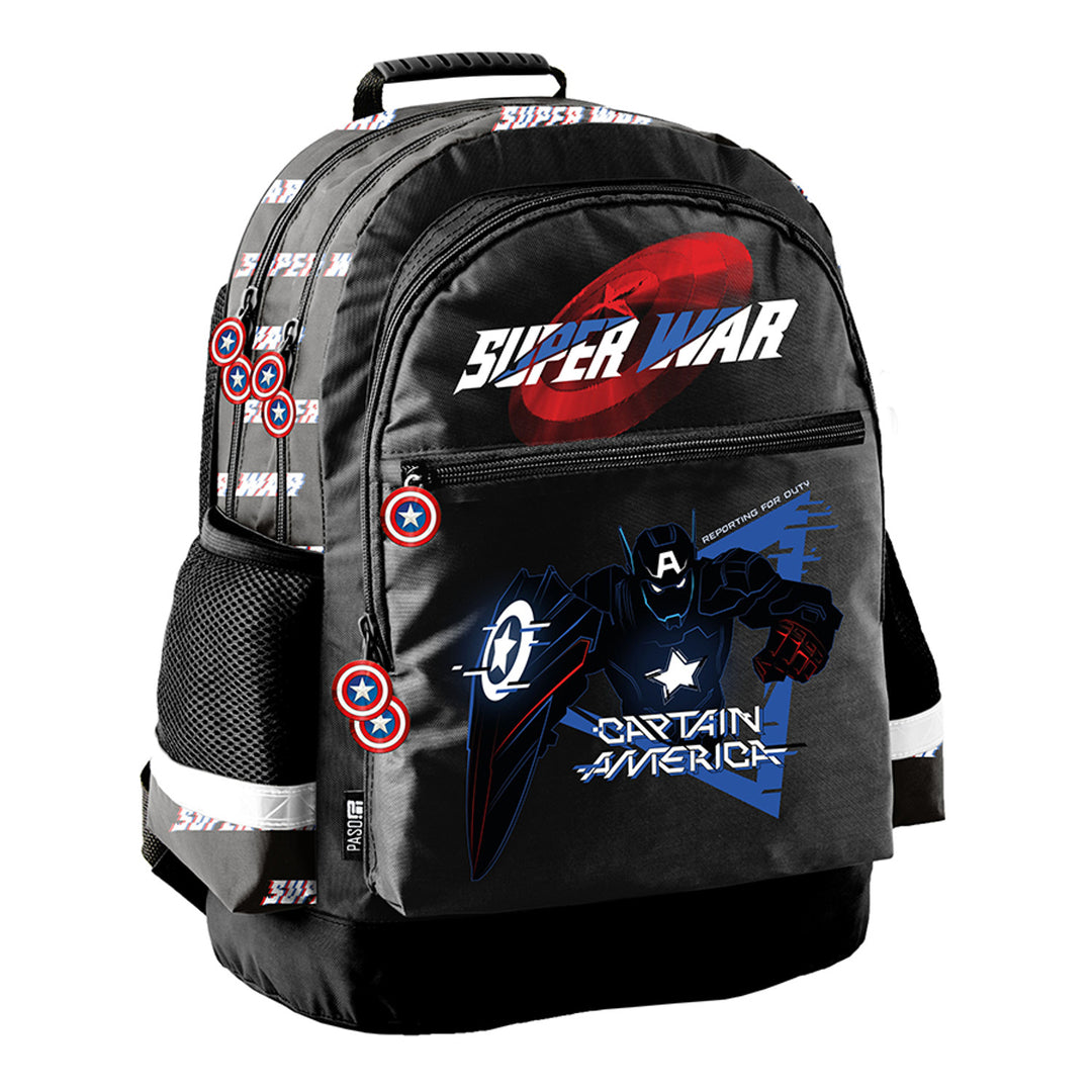 Ensemble scolaire Captain America Paso, sac à dos à deux compartiments, avec éléments réfléchissants et dos renforcé, trousse vide avec poignées pour les fournitures, sac à chaussures pouvant être porté sur le dos, AV26KK