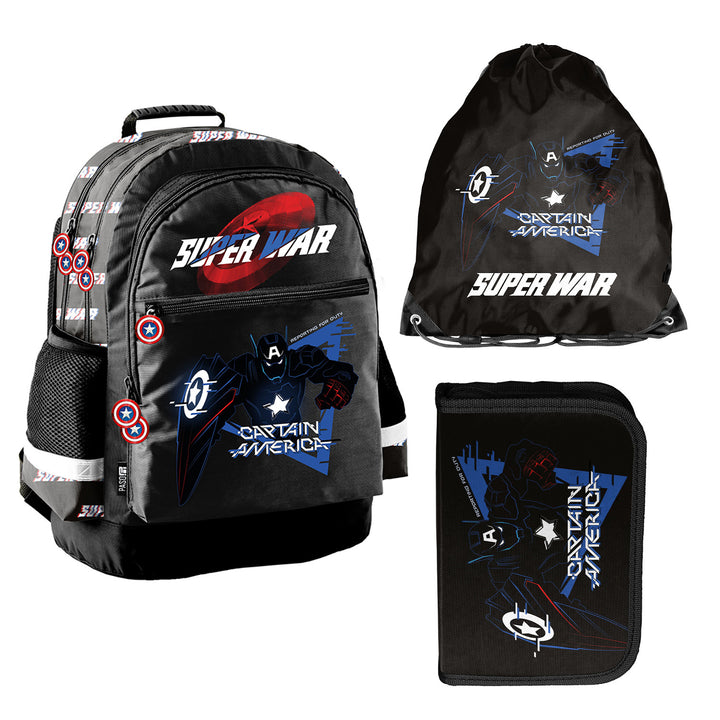 Ensemble scolaire Captain America Paso, sac à dos à deux compartiments, avec éléments réfléchissants et dos renforcé, trousse vide avec poignées pour les fournitures, sac à chaussures pouvant être porté sur le dos, AV26KK