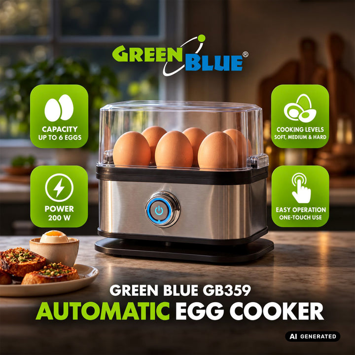 Cuiseur à œufs automatique GreenBlue, puissance 200 W, jusqu'à 6 œufs, mesureur, 220-240 V~, 50/60 Hz, GB359
