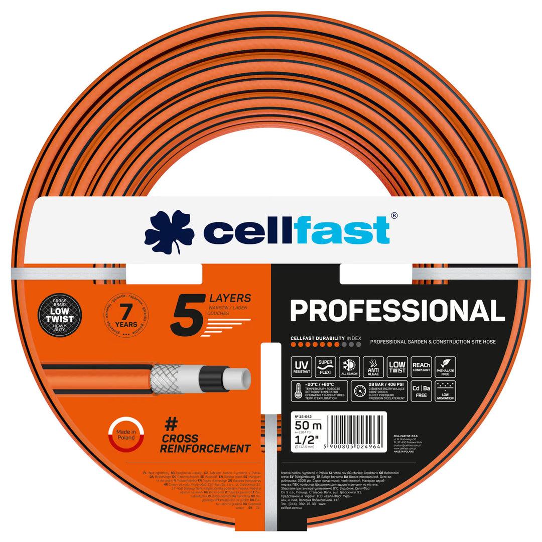 Tuyau d'arrosage Cellfast Professional, diamètre 1/2 pouce, longueur 50 m, 5 couches