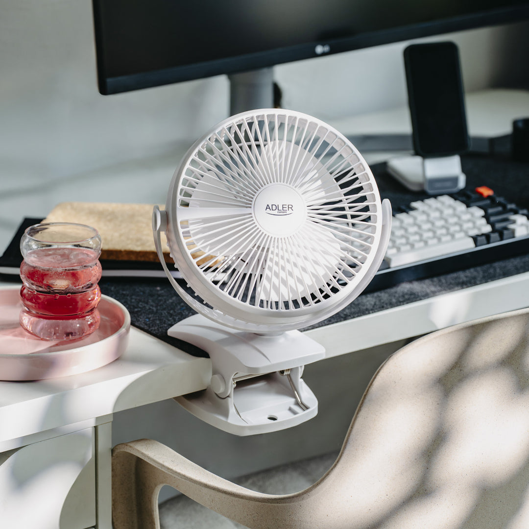 Ventilateur de bureau à pince, rechargeable, 15,5 cm, rotation à 360°, USB-C, Adler