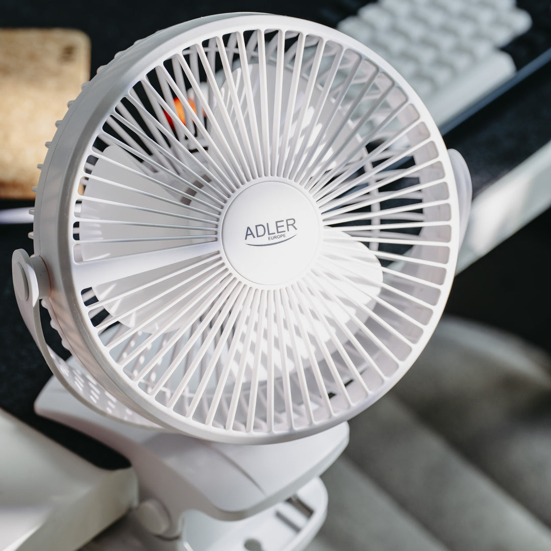 Ventilateur de bureau à pince, rechargeable, 15,5 cm, rotation à 360°, USB-C, Adler
