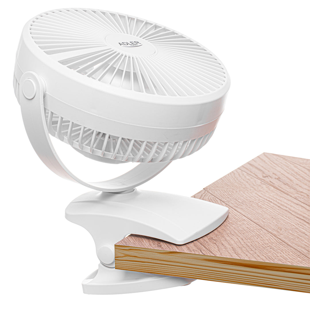 Ventilateur de bureau à pince, rechargeable, 15,5 cm, rotation à 360°, USB-C, Adler