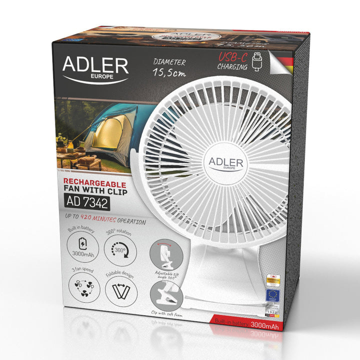 Ventilateur de bureau à pince, rechargeable, 15,5 cm, rotation à 360°, USB-C, Adler