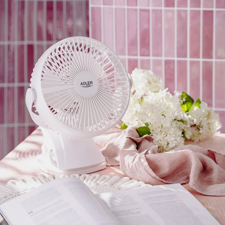 Ventilateur de bureau à pince, rechargeable, 15,5 cm, rotation à 360°, USB-C, Adler