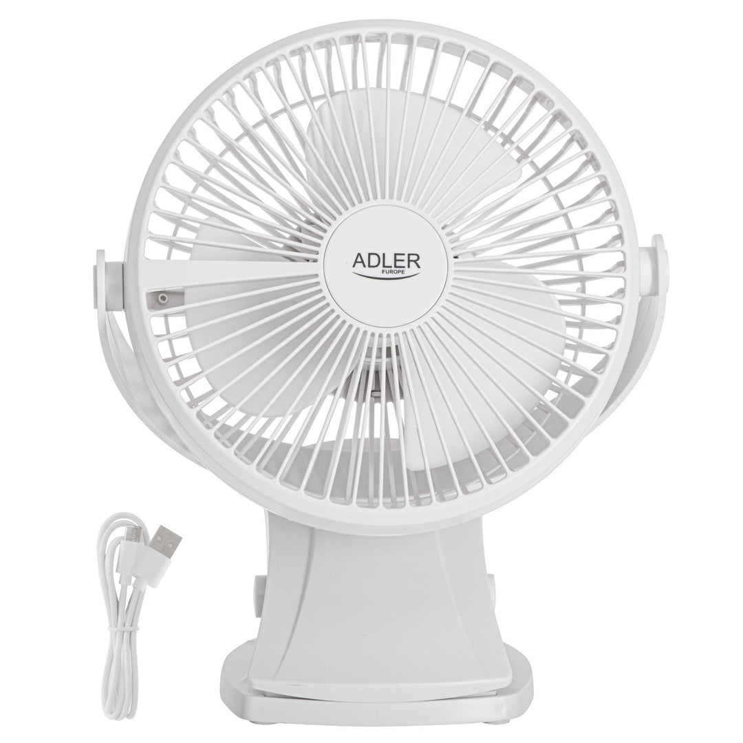 Ventilateur de bureau à pince, rechargeable, 15,5 cm, rotation à 360°, USB-C, Adler