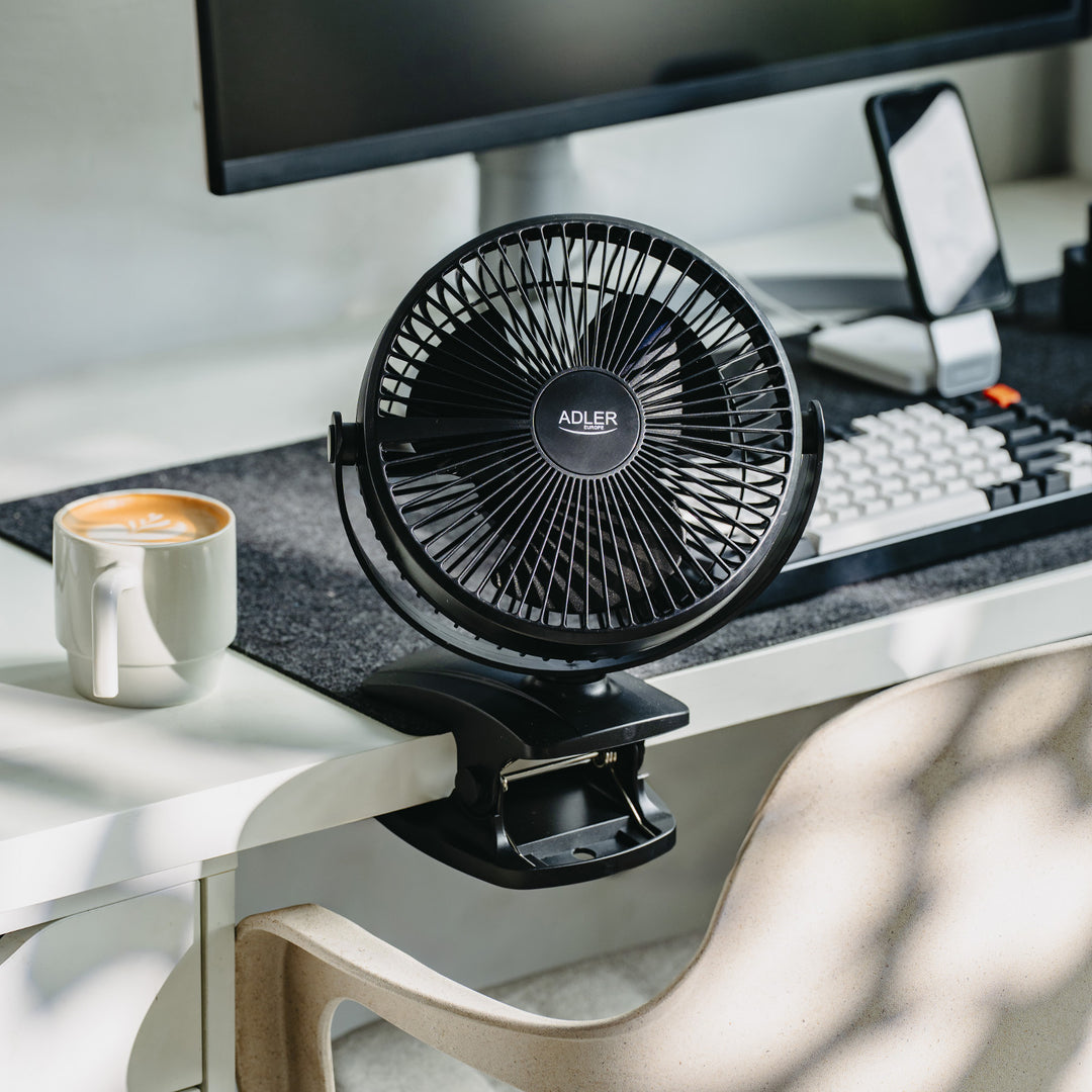 Ventilateur de bureau à pince, rechargeable, 15,5 cm, rotation à 360°, USB-C, Adler