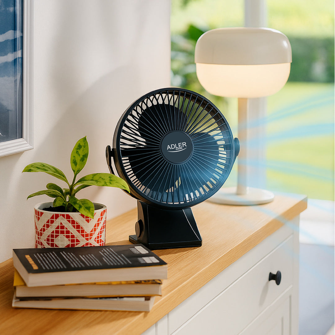 Ventilateur de bureau à pince, rechargeable, 15,5 cm, rotation à 360°, USB-C, Adler