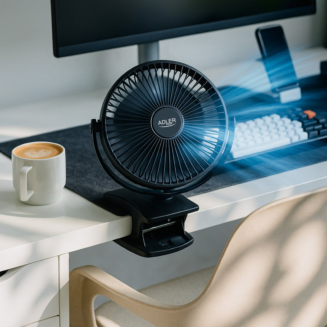 Ventilateur de bureau à pince, rechargeable, 15,5 cm, rotation à 360°, USB-C, Adler