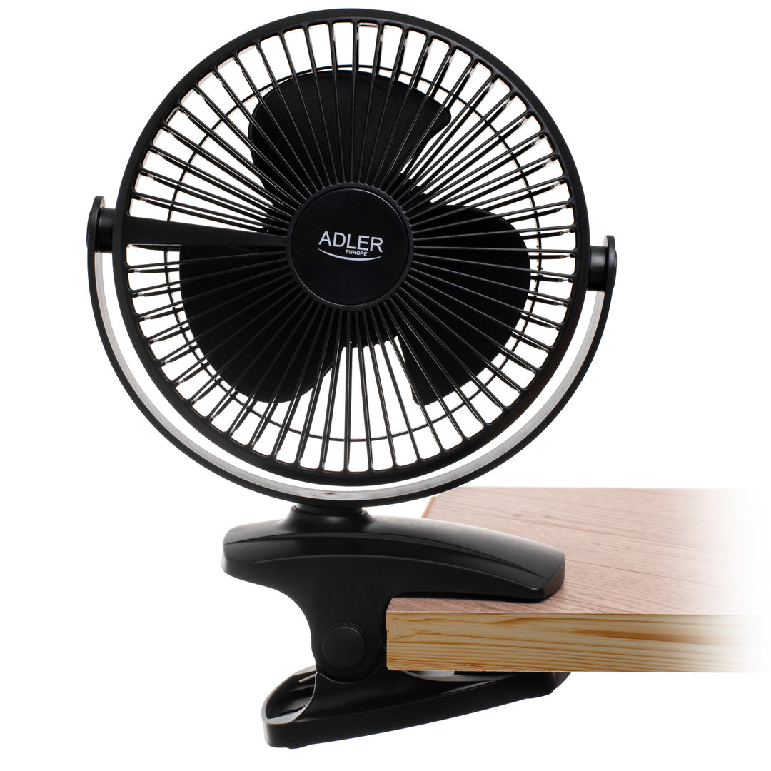 Ventilateur de bureau à pince, rechargeable, 15,5 cm, rotation à 360°, USB-C, Adler