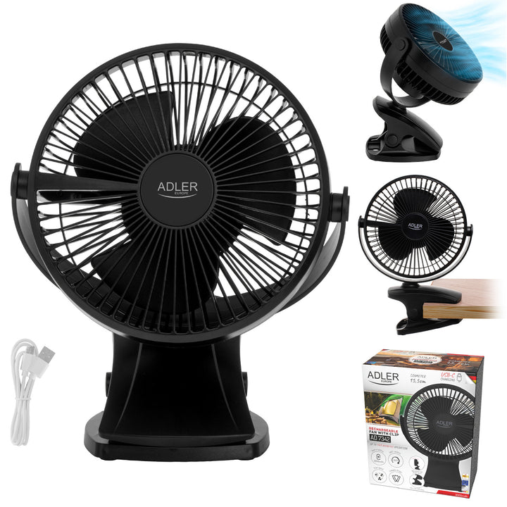 Ventilateur de bureau à pince, rechargeable, 15,5 cm, rotation à 360°, USB-C, Adler