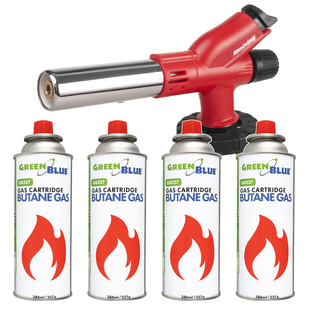 Réchaud à cartouche Alpen Camping, température de flamme 1 300 °C, allumage piézoélectrique, réglage de la flamme, ETNA + 4 cartouches de gaz de 227 g GreenBlue. Certificat : Pi 0875, conforme à la norme EN 417