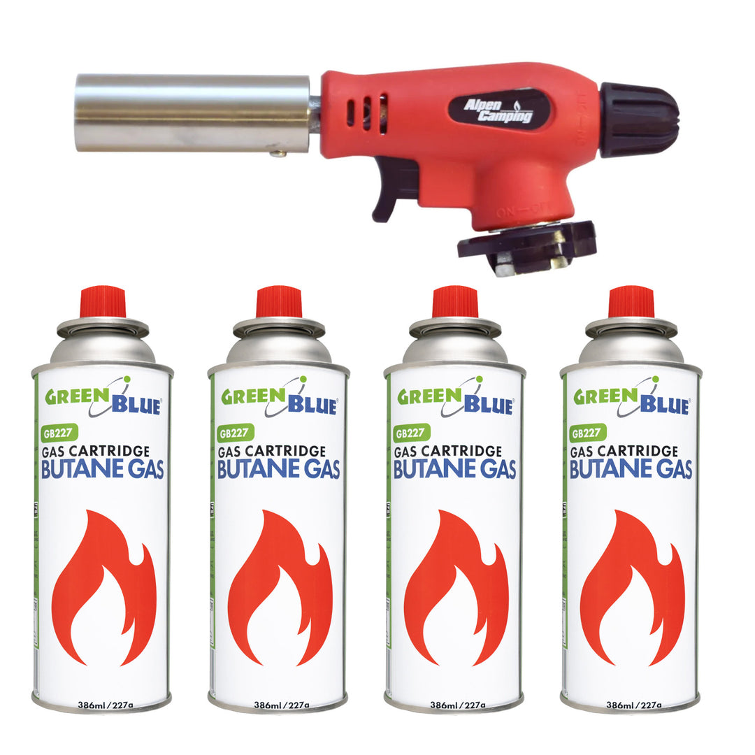 Brûleur à cartouche Alpen Camping, angle de travail de 360°, température de la flamme de 1 300 °C, allumage piézoélectrique, OLIMP + 4 cartouches de gaz de 227 g GreenBlue. Certificat : Pi 0875, conforme à la norme EN 417