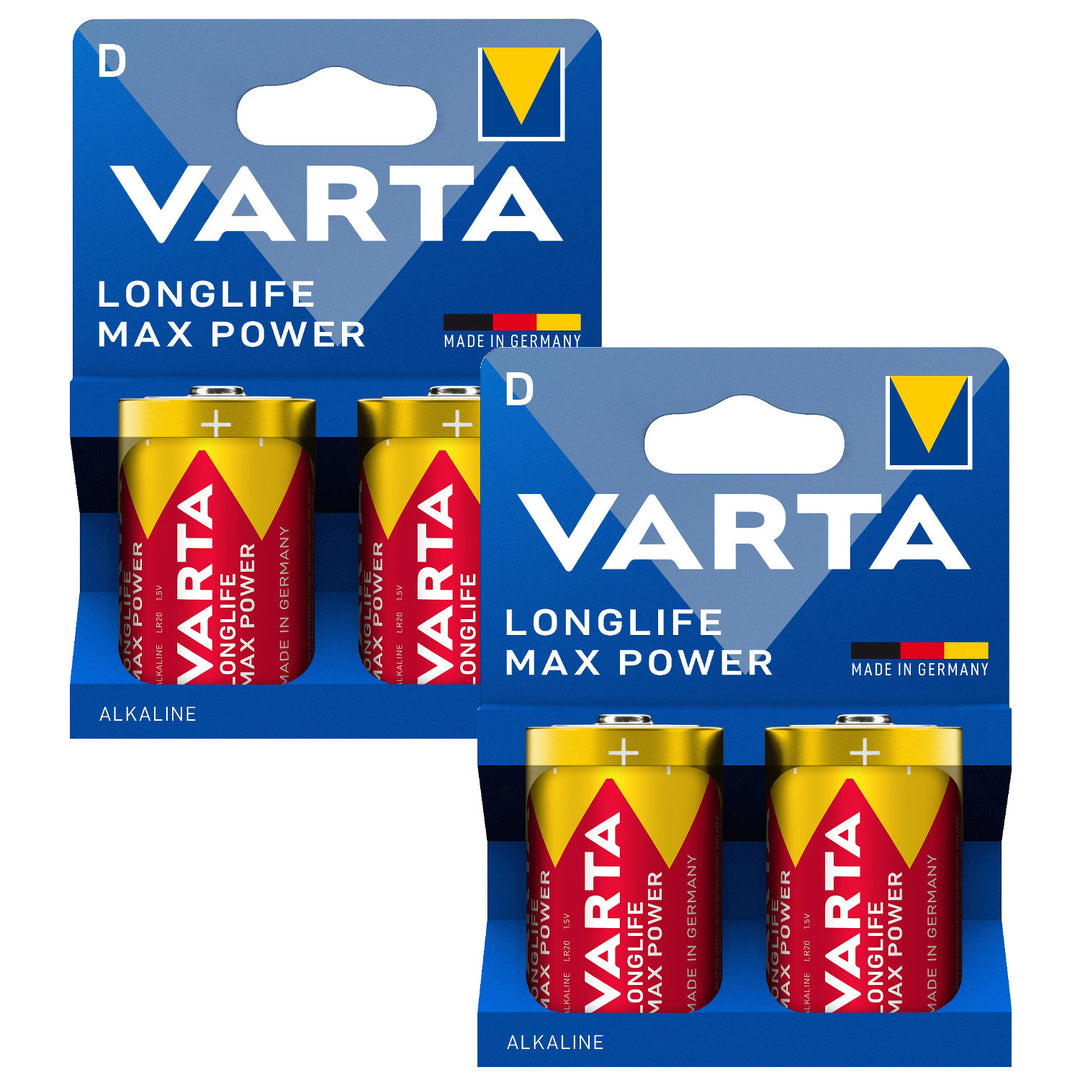 4 piles alcalines R-20 R20 D 1,5 V Varta Longlife Max Power