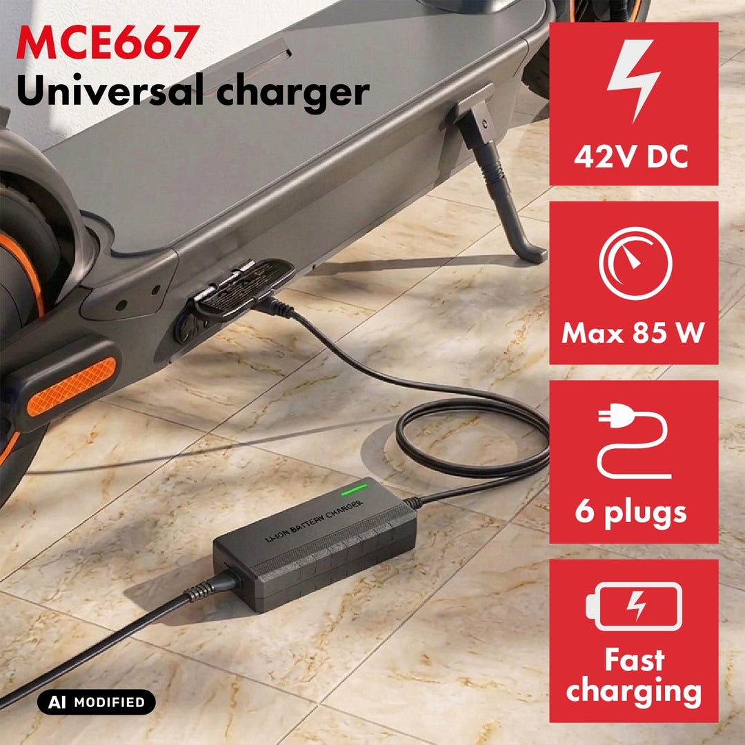 Chargeur universel / Bloc d'alimentation Maclean Energy, pour trottinettes électriques, 42 V CC, 2 A, 85 W max., recharge rapide, 6 fiches, MCE667