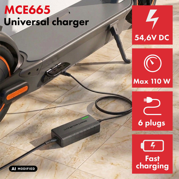 Chargeur universel / Bloc d'alimentation Maclean Energy, pour trottinettes électriques, 54,6 V CC, 2 A, 110 W max., recharge rapide, 6 fiches, MCE665