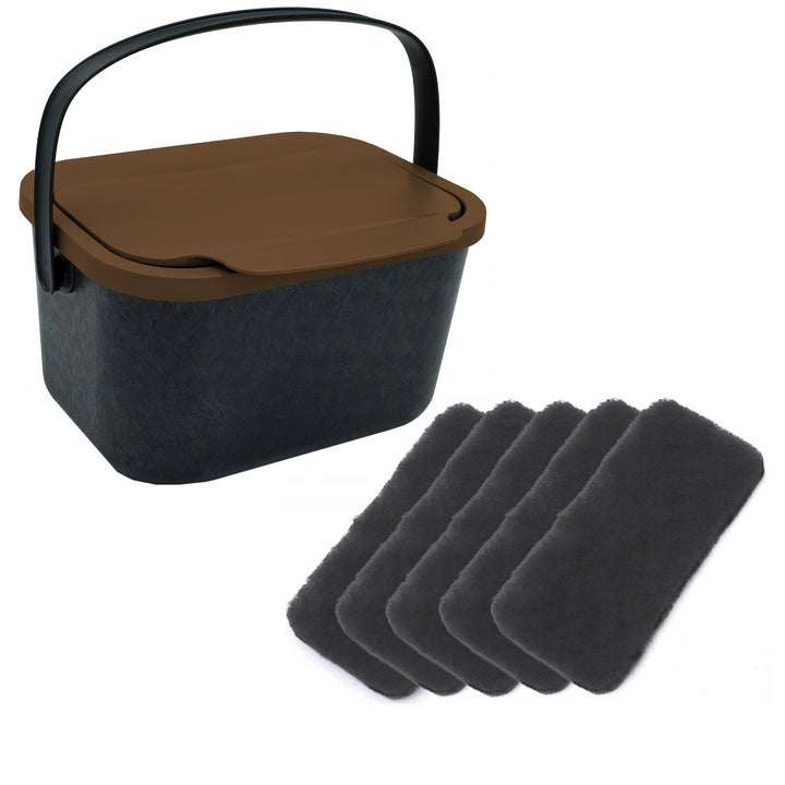 Poubelle pour déchets organiques, capacité 4,5 litres, noire avec couvercle marron, Mini Bini + 5 filtres à charbon Practic