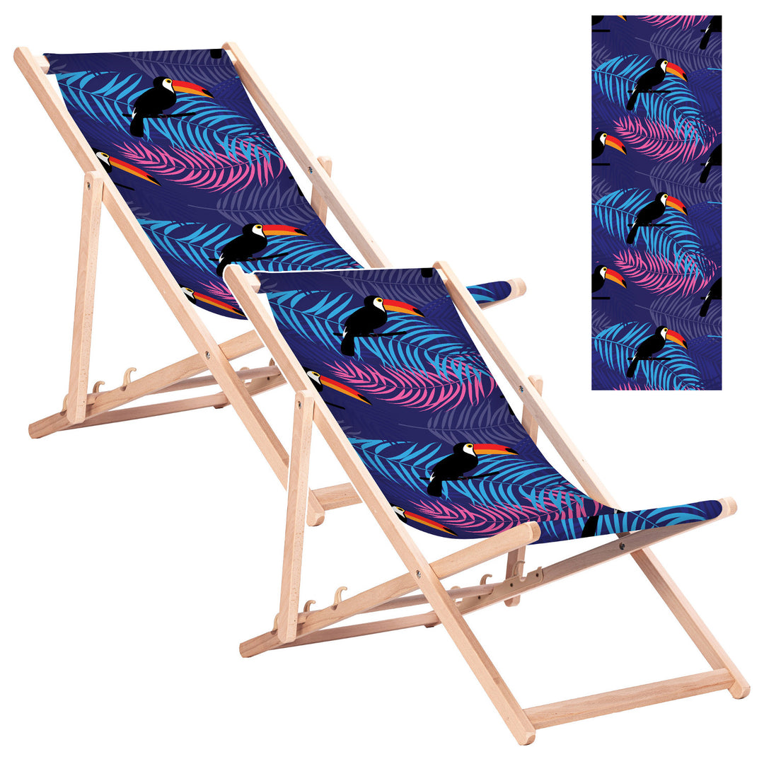 Chaise longue classique en hêtre GreenBlue GB183, motif « Toucan », lot de 2