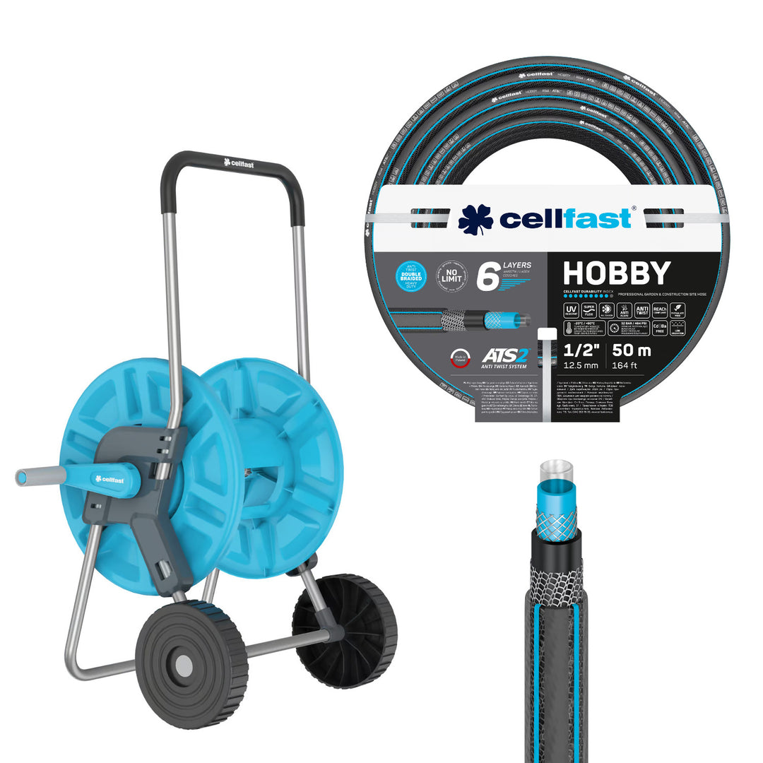 Chariot pour tuyau Cellfast Aluplus 1/2" 60 m + tuyau d'arrosage Cellfast Hobby ATS2 1/2" 50 m