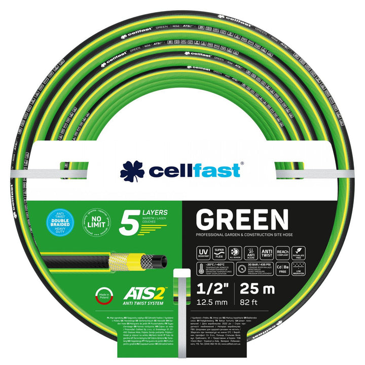 Chariot pour tuyau Cellfast Aluplus 1/2" 60 m + tuyau d'arrosage Cellfast Green ATS2 1/2" 25 m + kit avec arroseur droit Cellfast Basic 1/2"