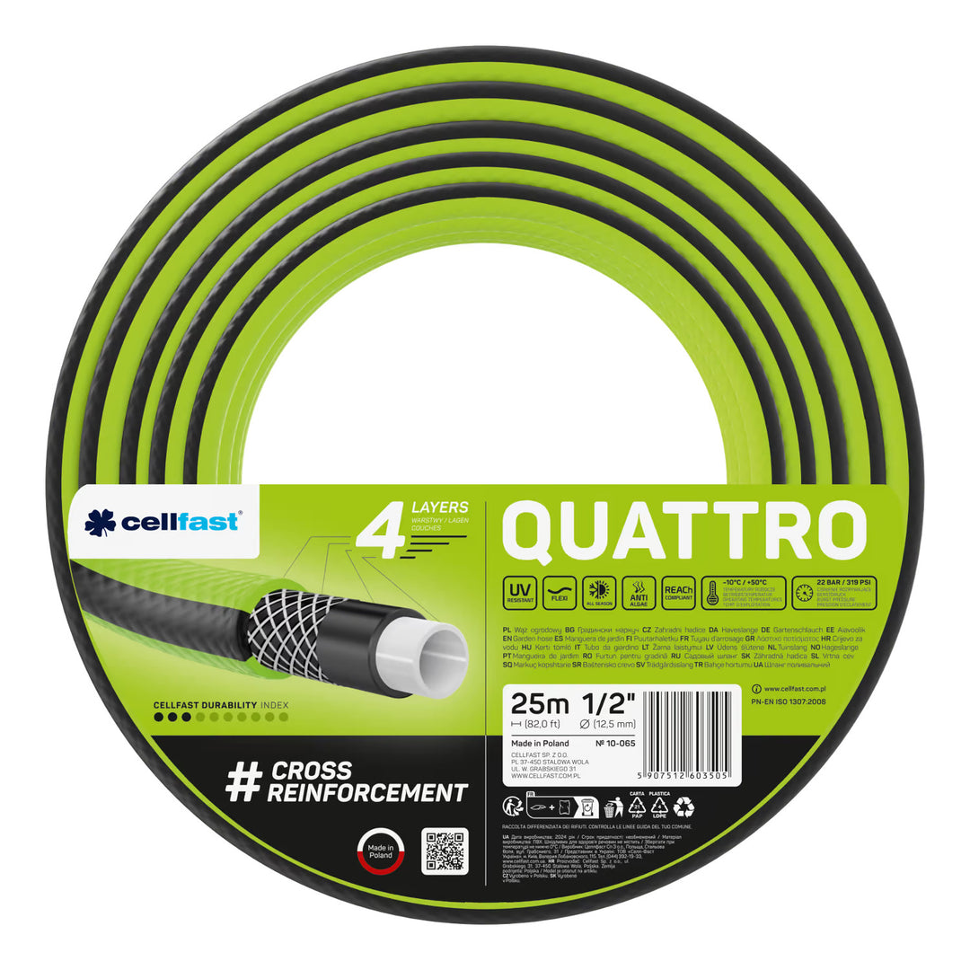 Chariot pour tuyau Cellfast Aluplus 1/2" 60 m + tuyau d'arrosage Cellfast Quattro 1/2" 25 m + ensemble avec arroseur droit Cellfast Basic 1/2"